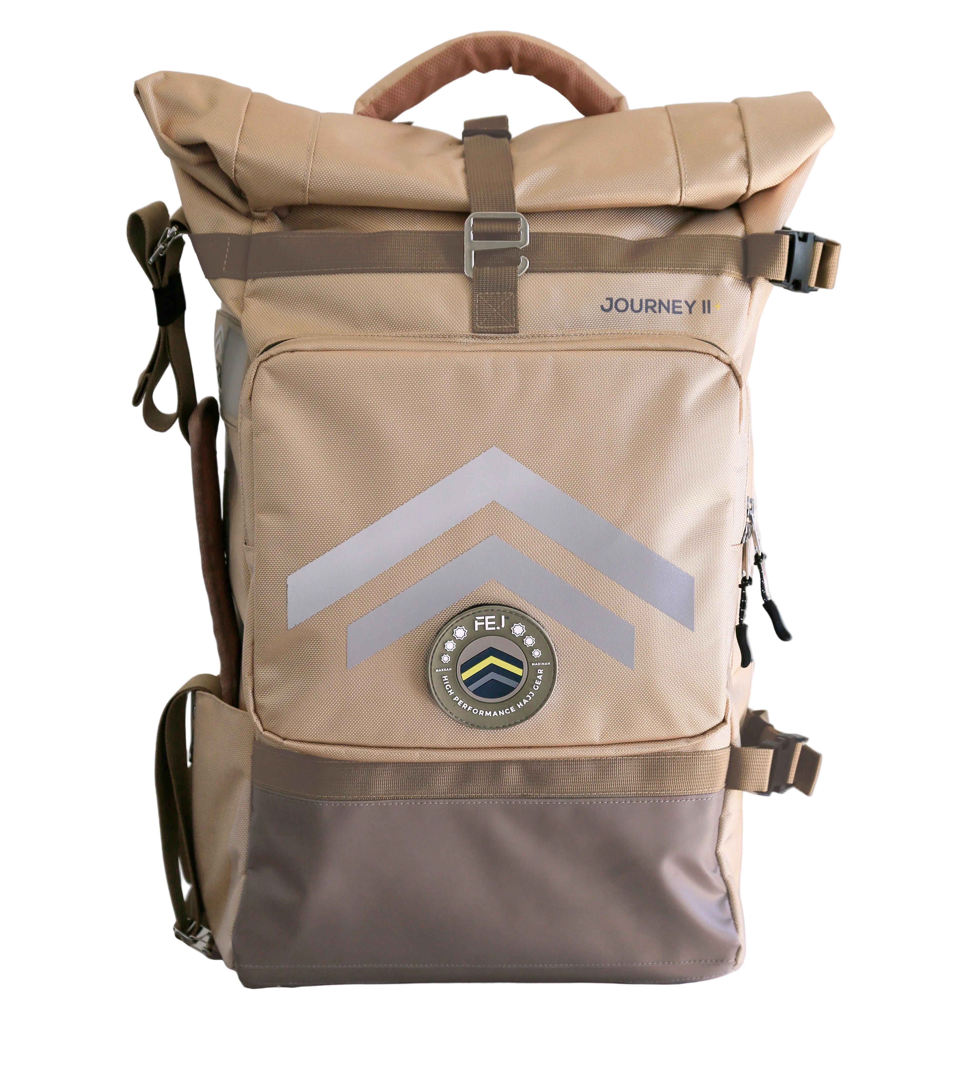 Beige roll-top backpack with a FEJ Gear logo on a white background