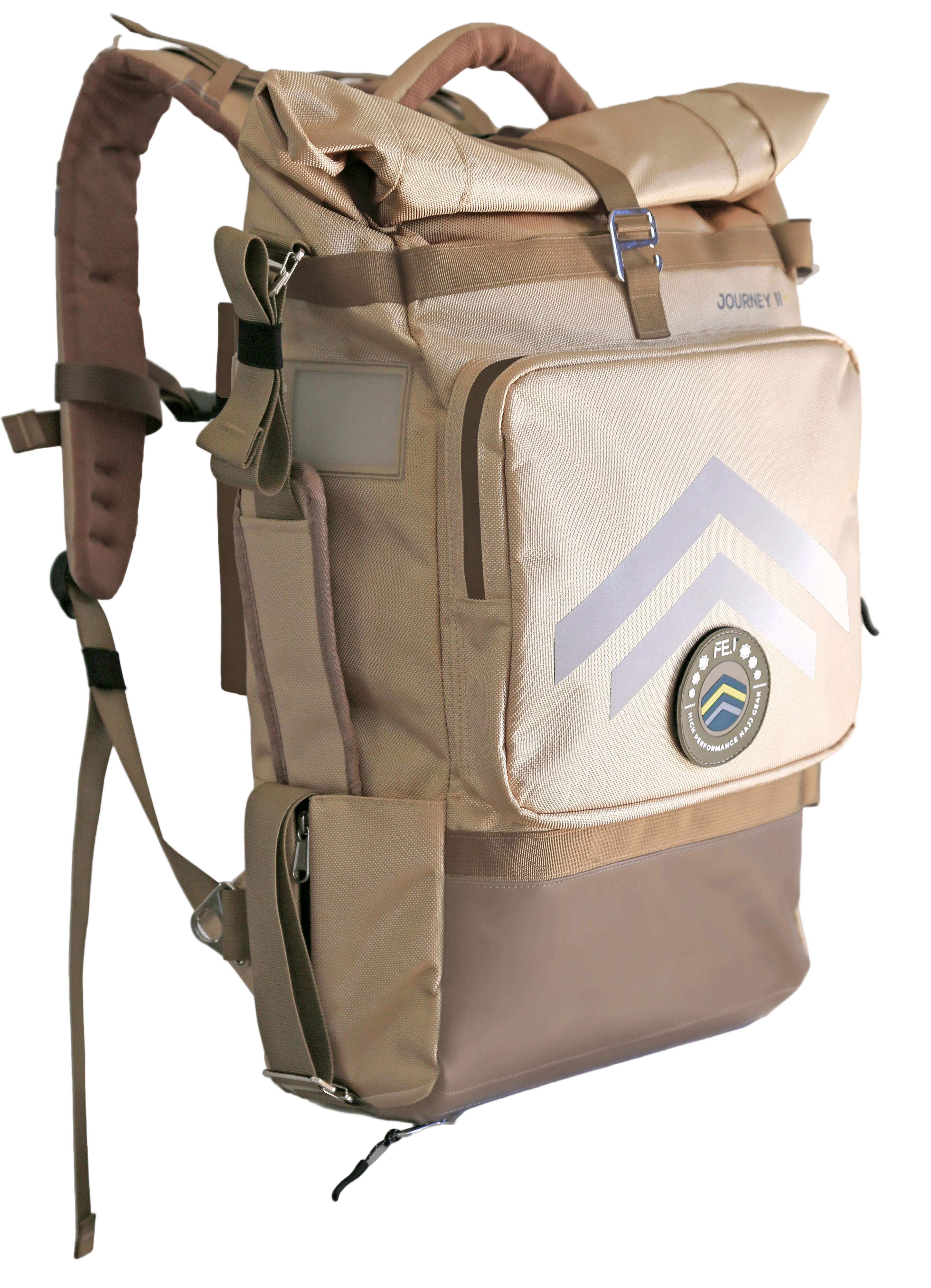 Beige backpack with a visible brand logo on a white background